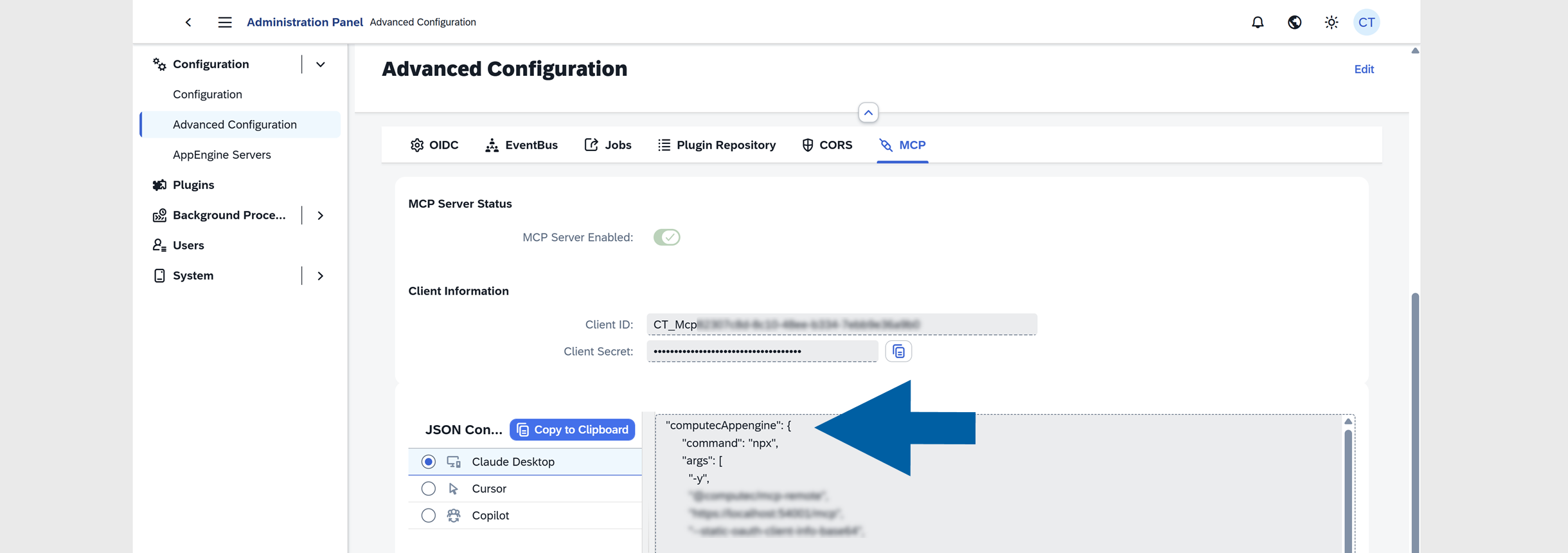Claude for Code configuration in CompuTec AppEngine Administration Panel