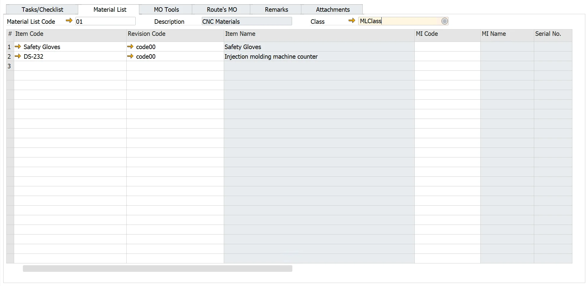 MO Template Material list