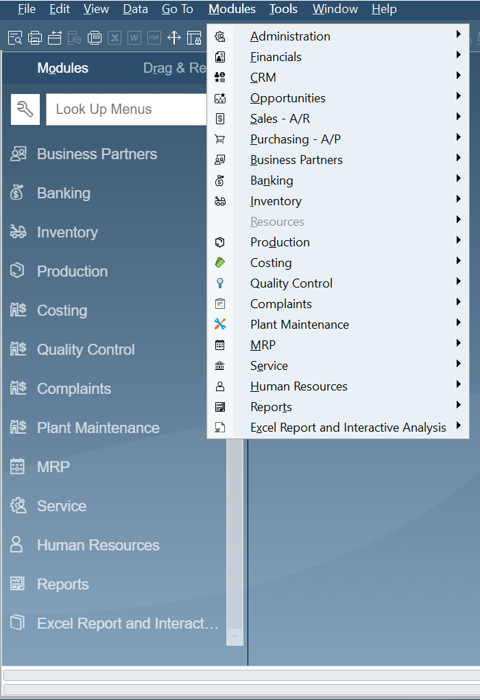 Main menu modules