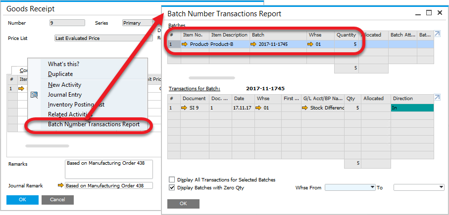 Pick Receipt for a Batch Managed Items - Report