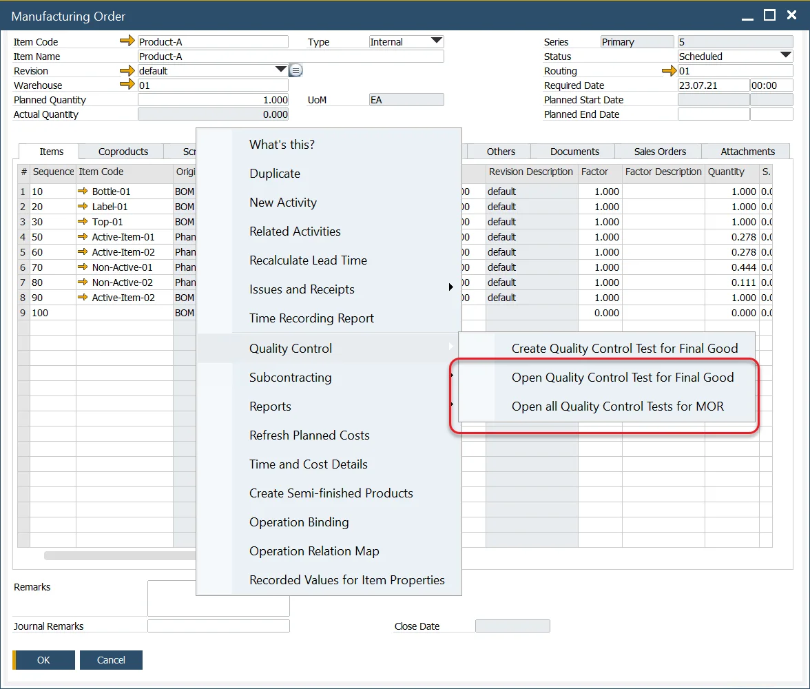 Open Quality Control from Manufacturing Order