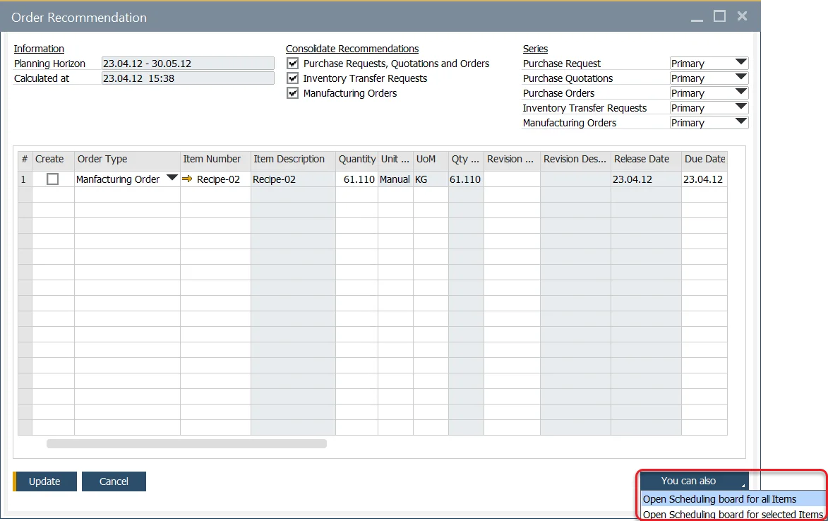 Order Recommendation Scheduling Board