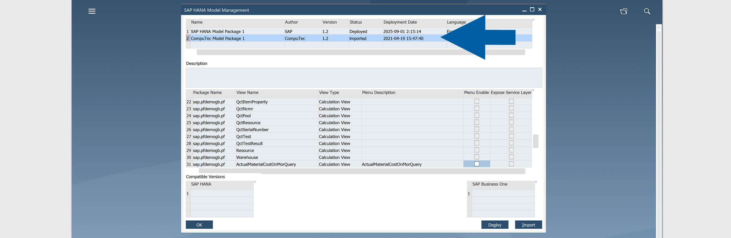 SAP HANA Model Management page displaying imported CompuTec ProcessForce data model with Deploy action