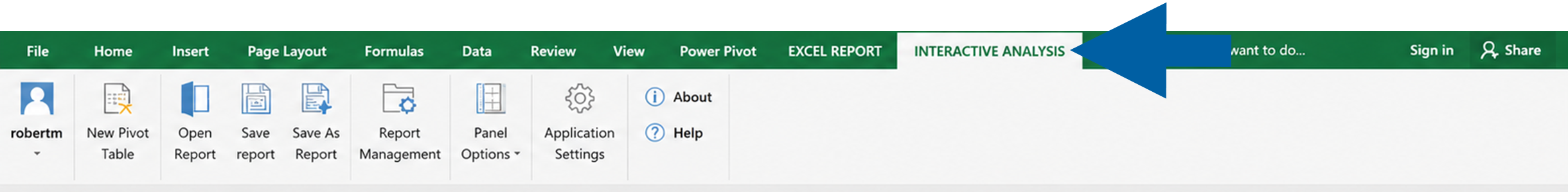 Microsoft Excel ribbon showing Interactive Analysis option under the Excel Report and Interactive Analysis tab