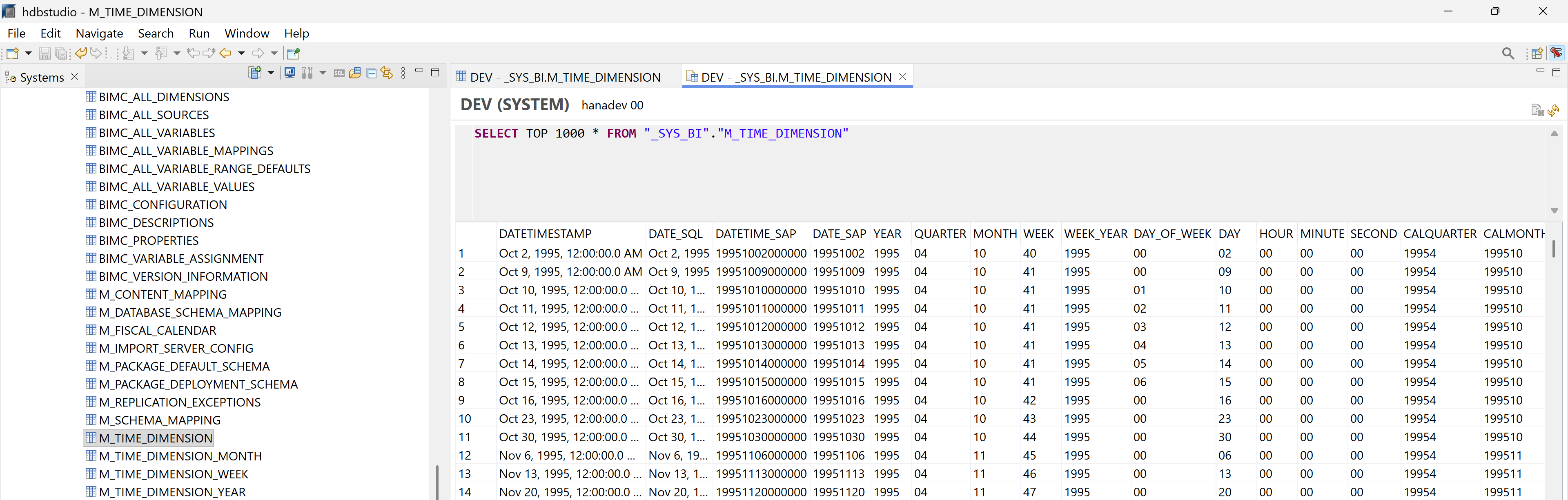 SAP HANA Studio context menu on M_TIME_DIMENSION table with Open Content option selected