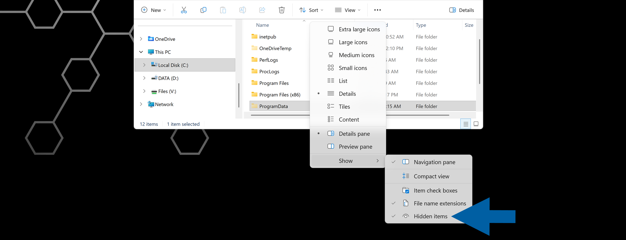 Windows File Explorer view menu with hidden items option enabled so the ProgramData folder can be displayed