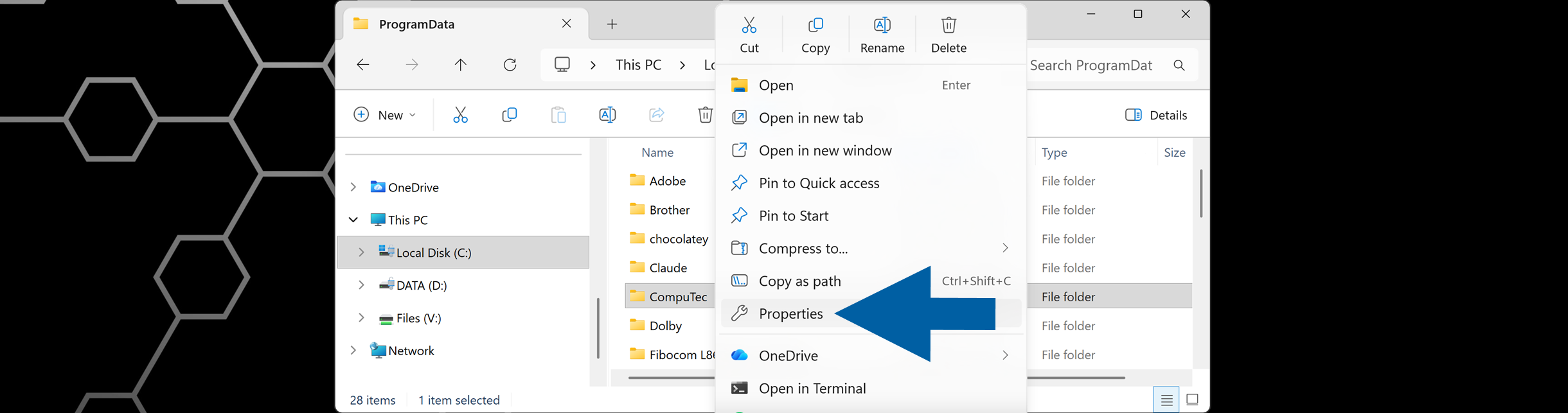 Windows File Explorer showing the CompuTec folder selected with the context menu or properties dialog available for folder settings