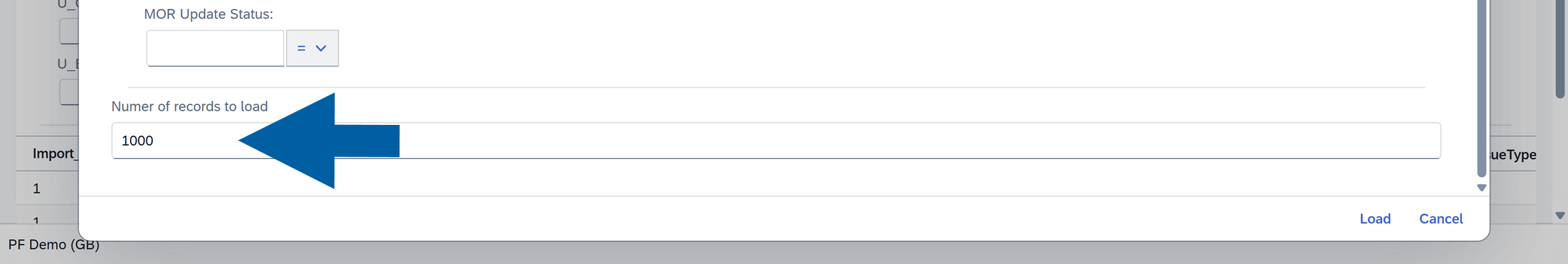 screen showing where to click to load sample- choosing number of records