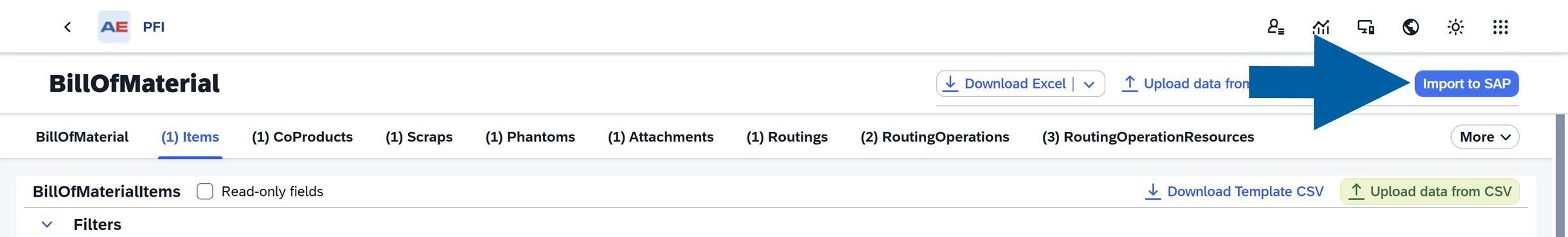screen showing where to click to import data to sap