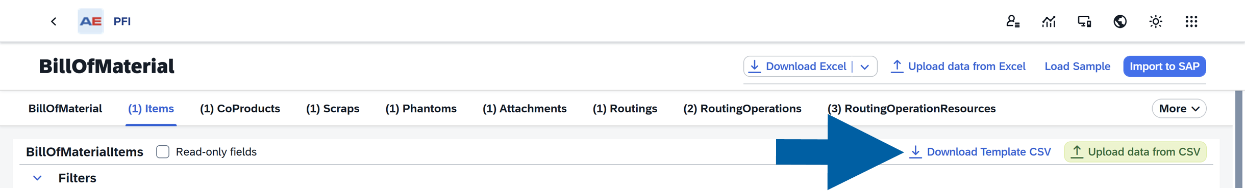 screen showing where to click to download template CSV