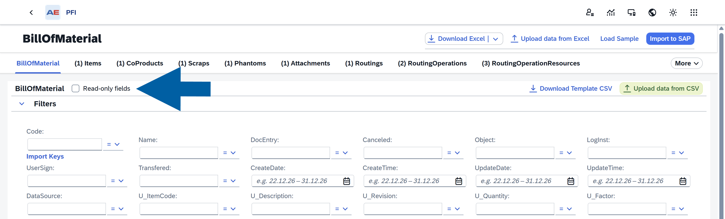 screen showing where to click to include read-only fields in your table