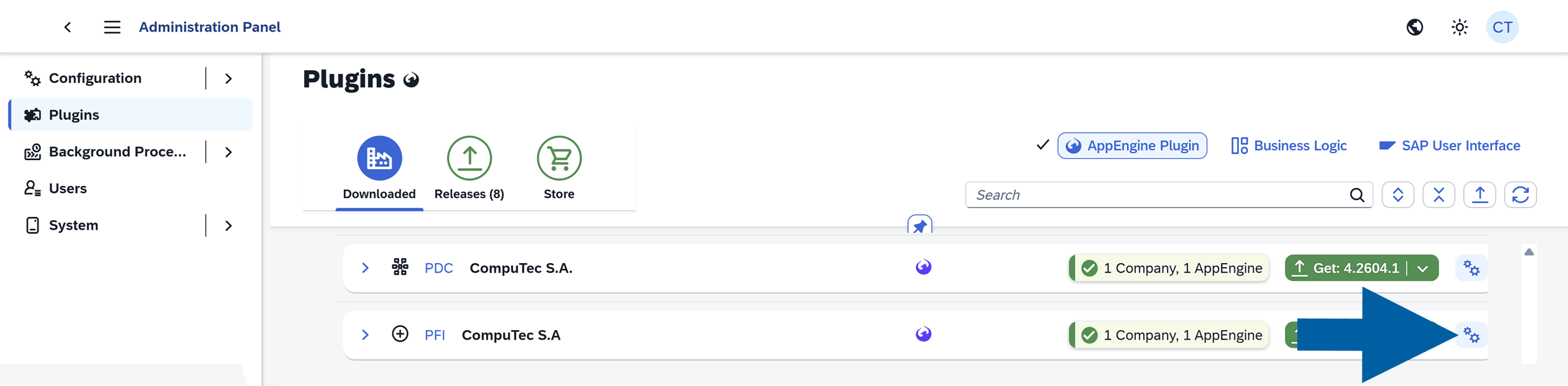 screen showing clicking the settings (gear) icon next to the plugin