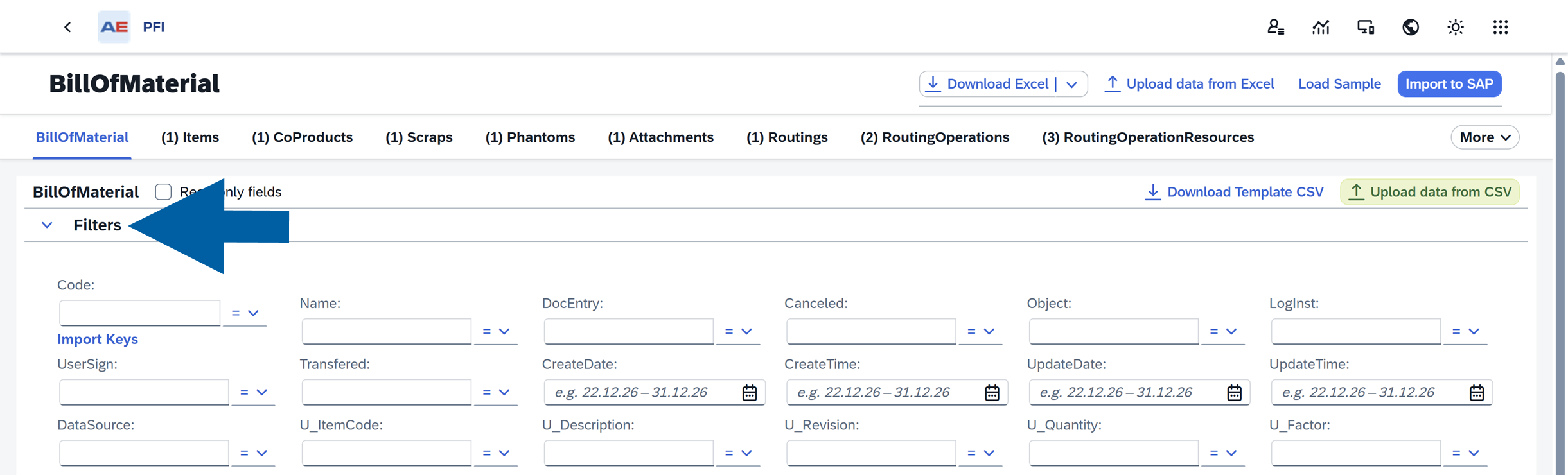 screen showing the filters section