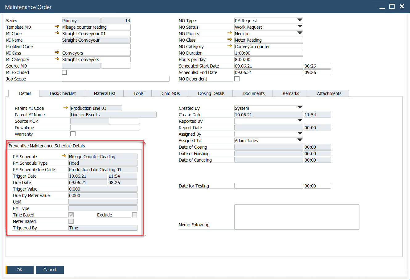 Generated Maintenance Order