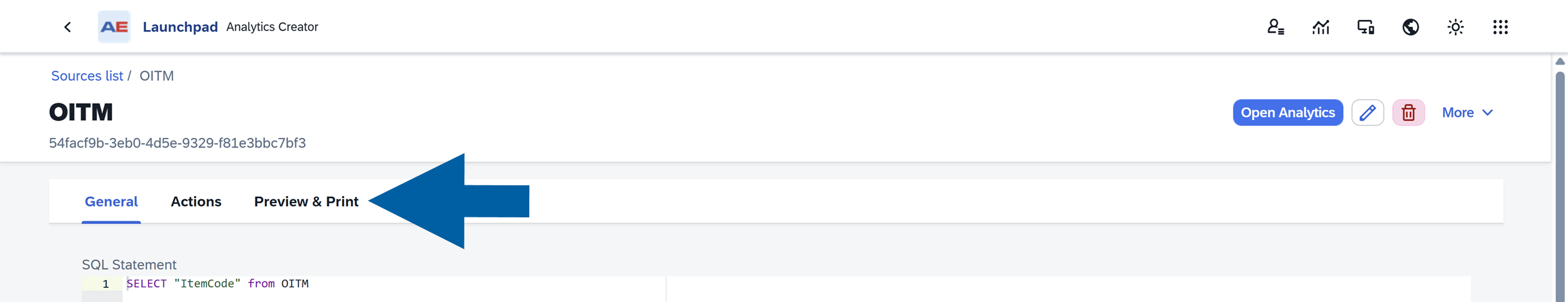 Preview and Print tab showing the edit icon in a toolbar and a list of print instances in AppEngine Launchpad source manager, with the interface framed as a white header and content area that indicates edit mode for configuring print instances