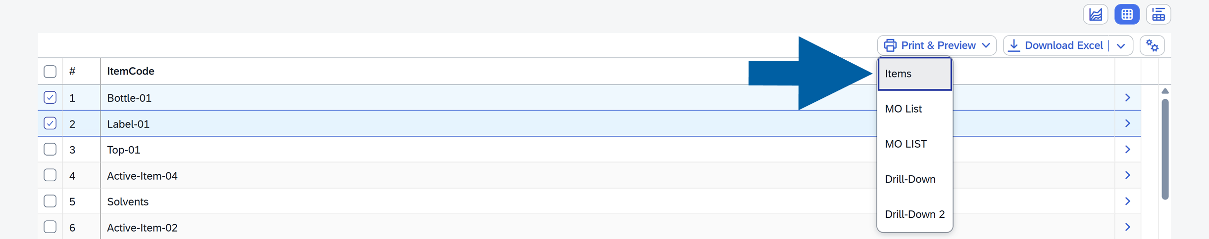 Print options dropdown menu in AppEngine Launchpad showing available print instances including Items, MO List, and MO LIST, displayed as a white popup list below the Preview and Print button in the Analytics table toolbar, with a blue arrow pointing to the selected option in a neutral professional interface