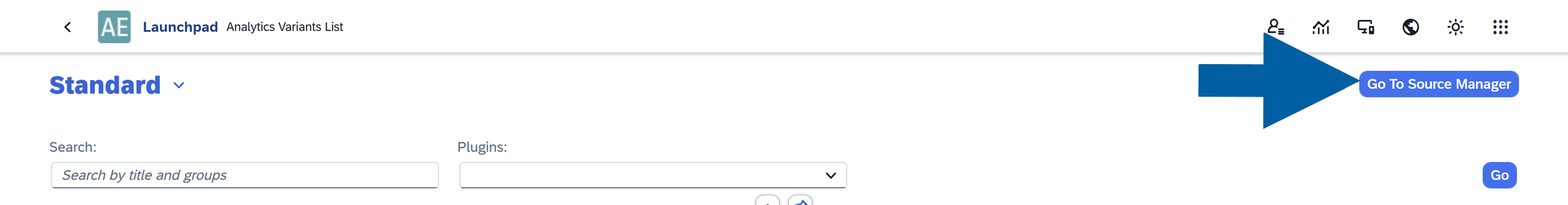 A blue Go To Source Manager button in the AppEngine Launchpad header navigation, shown on a clean business application screen with a large blue arrow pointing to the button, indicating where to access the source manager from the Analytics interfacetext
