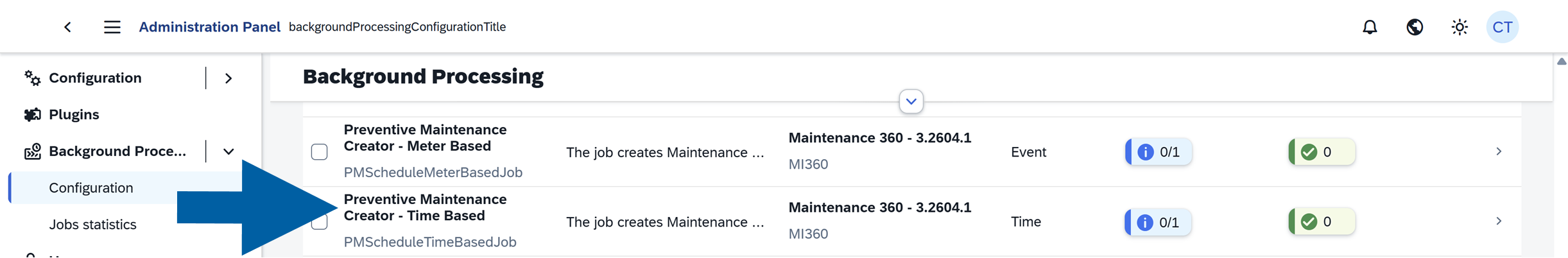 Job list view highlighting PMScheduleTimeBasedJob entry in the Background Processing configuration