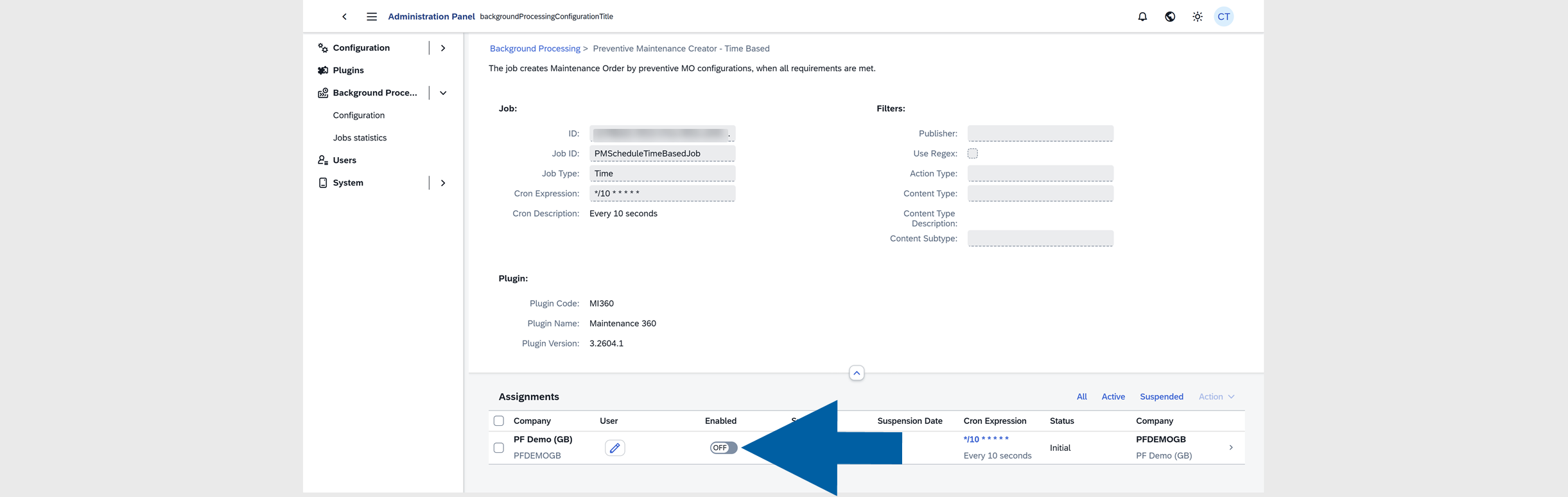 Detail view showing the toggle control to enable PMScheduleTimeBasedJob in Background Processing
