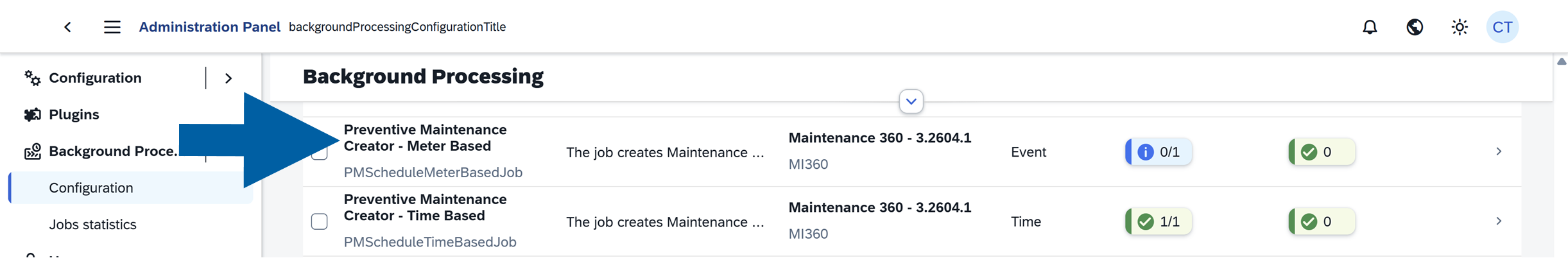 Job list view highlighting PMScheduleMeterBasedJob entry in the Background Processing configuration