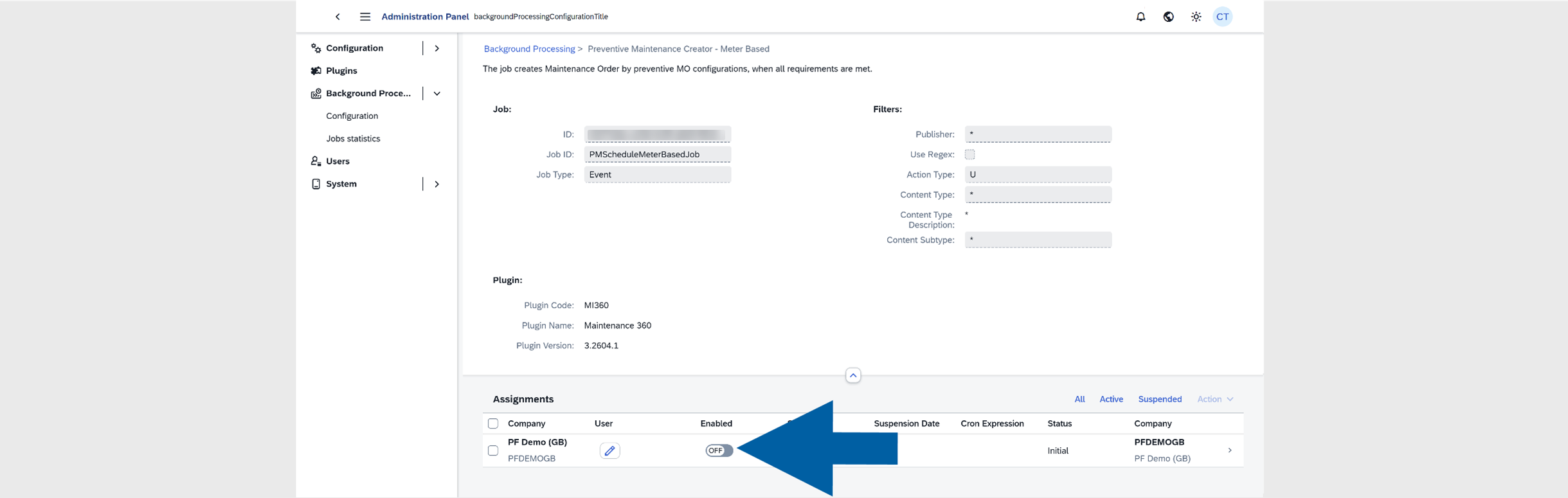 Detail view showing the toggle control to enable PMScheduleMeterBasedJob in Background Processing