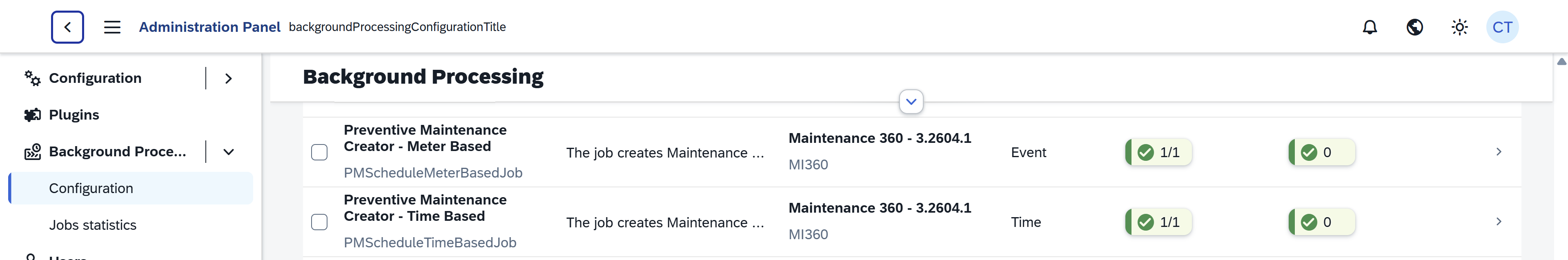 Background Processing list showing both PMScheduleTimeBasedJob and PMScheduleMeterBasedJob active for preventive maintenance