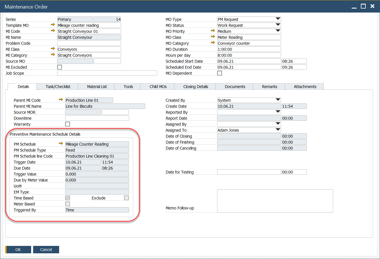 Generated Maintenance Order