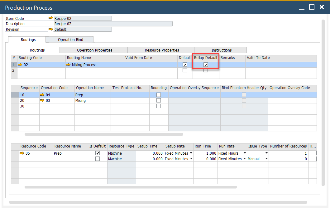 Production Process Default Costing