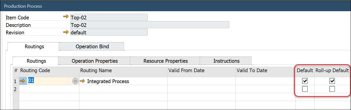 Production Process defaults