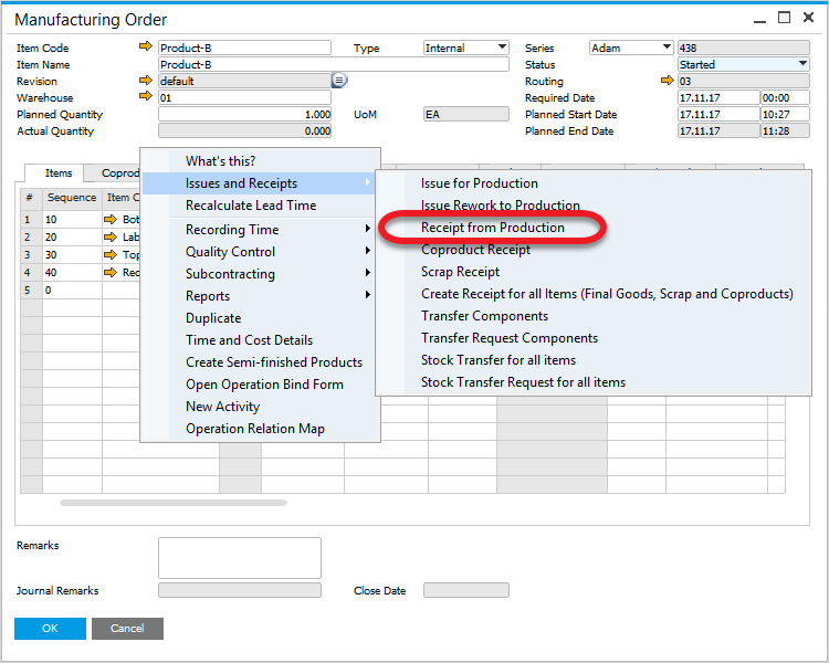 Pick Receipt for a Batch Managed Items (on a Manufacturing Order)