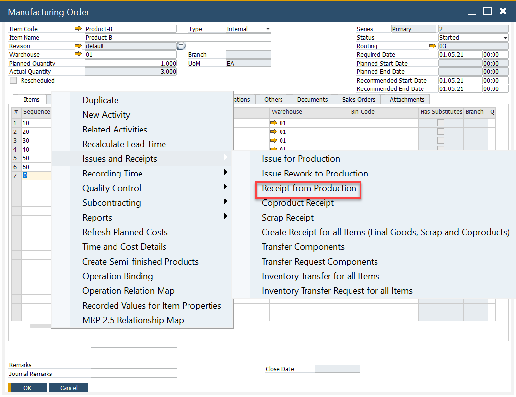 Receipt from Production Process