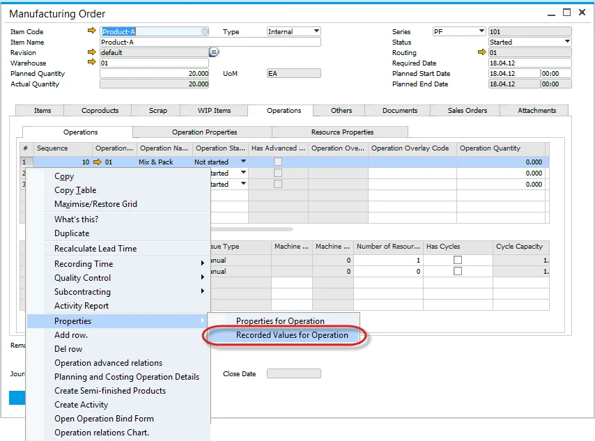 Recorded Values for Operation