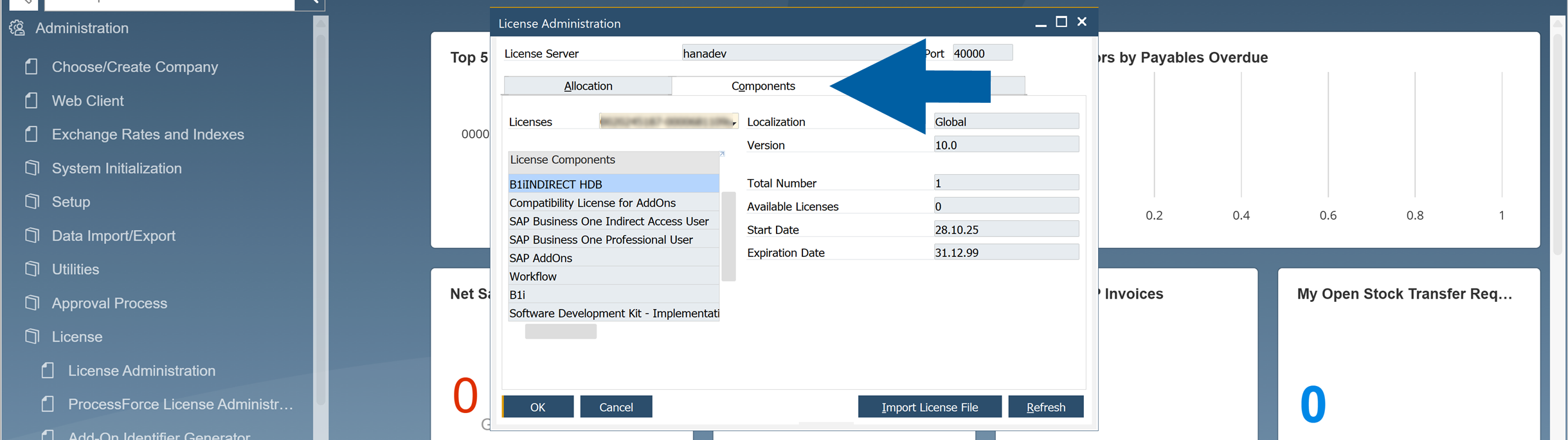 SAP Business One License Administration window showing the Components tab selected with a list of license components on the left and license details on the right