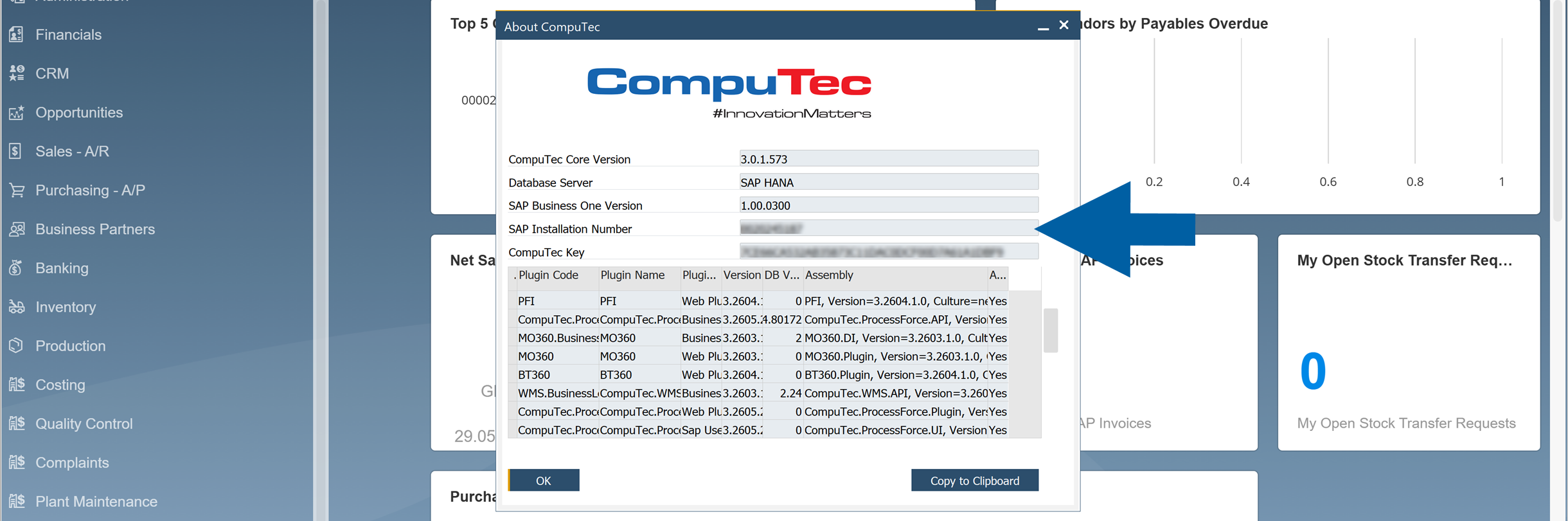 CompuTec ProcessForce About window within SAP Business One showing version, database server, SAP Business One version, installation number and CompuTec key fields