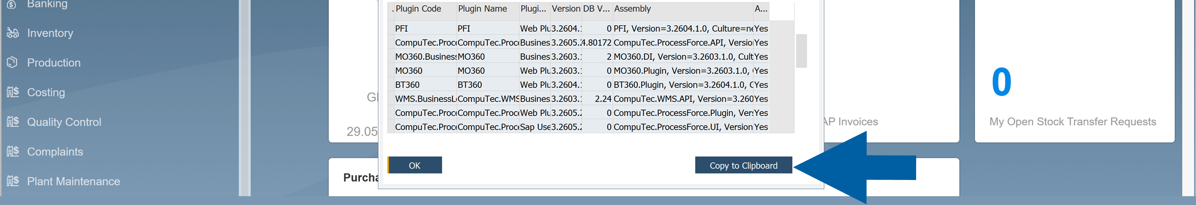 CompuTec ProcessForce About window inside SAP Business One showing a details table and a blue arrow pointing to the Copy to Clipboard button near the bottom, with the OK button visible beside it