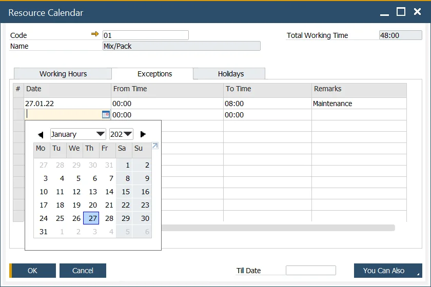 Resource Calendar Exceptions