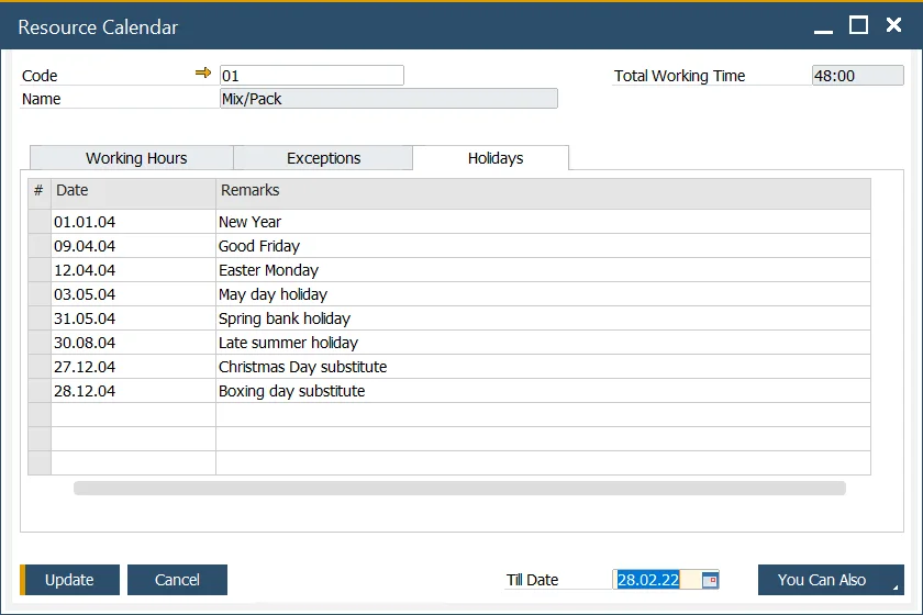 Resource Calendar Holidays