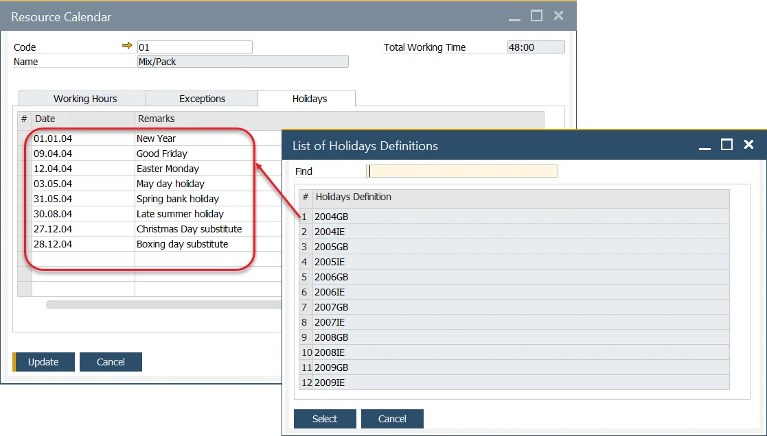 Resource Calendar Holidays Update