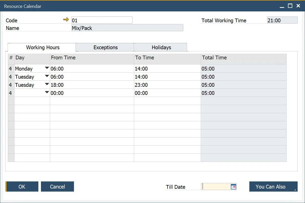 Resource Calendar Working Hours