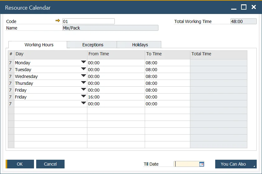 Resource Calendar Working Hours