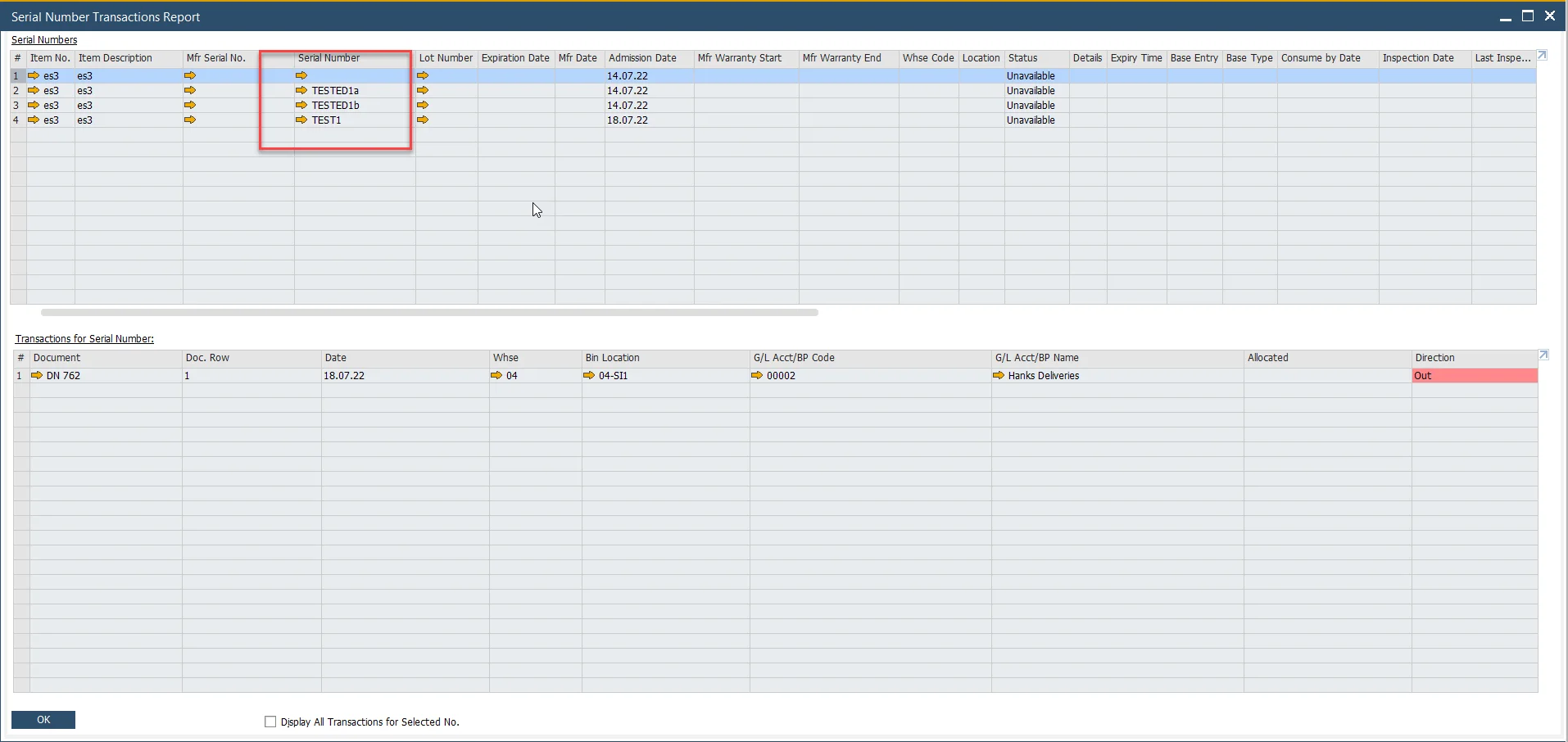 Serial Number Transaction Report