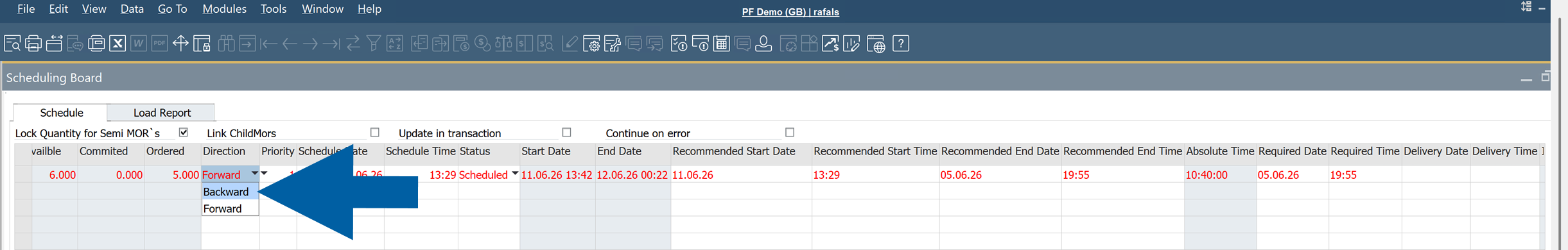 Scheduling Board screenshot showing a manufacturing order row with required date and required time fields in a production scheduling grid, with navigation controls and a reschedule button in the wider ERP scheduling interface