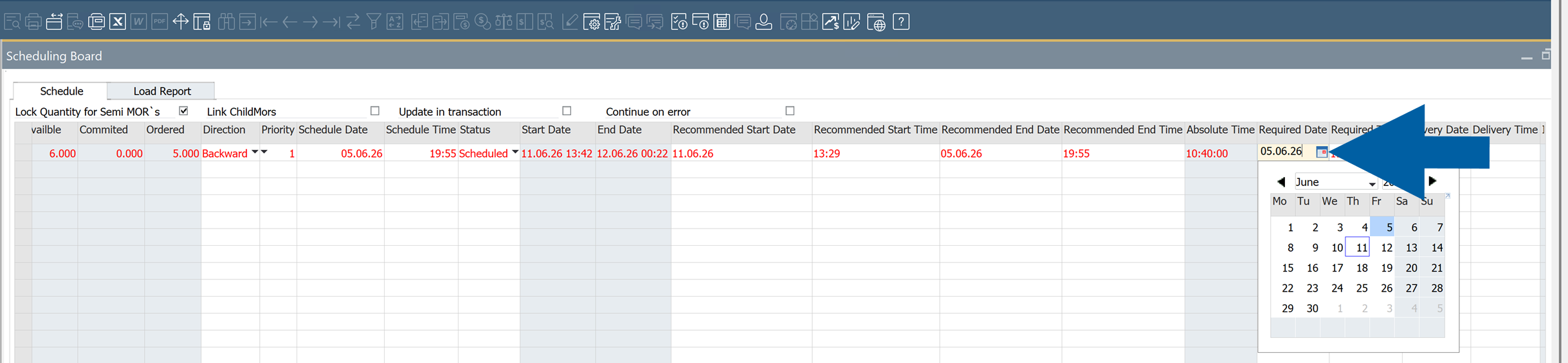 Scheduling Board screenshot showing a manufacturing order row with required date and required time fields in a production scheduling grid, with navigation controls and a reschedule button in the wider ERP scheduling interface