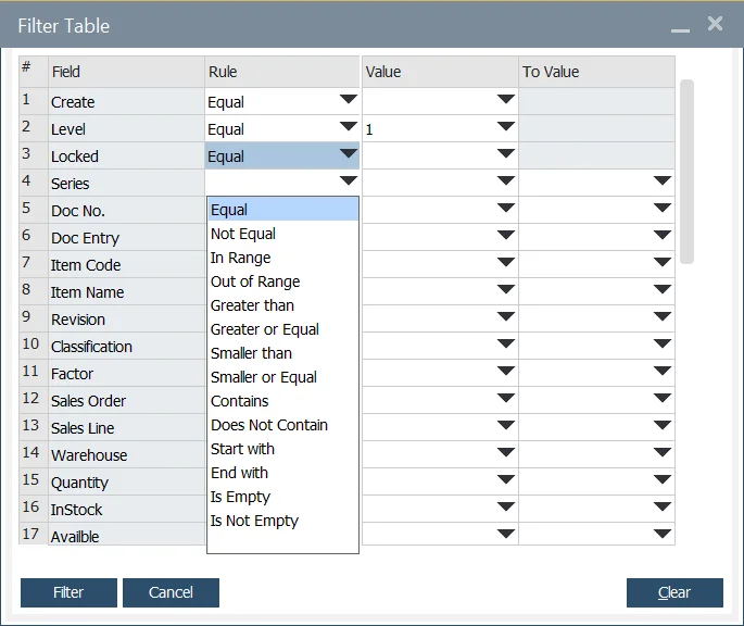 Scheduling Filter Table