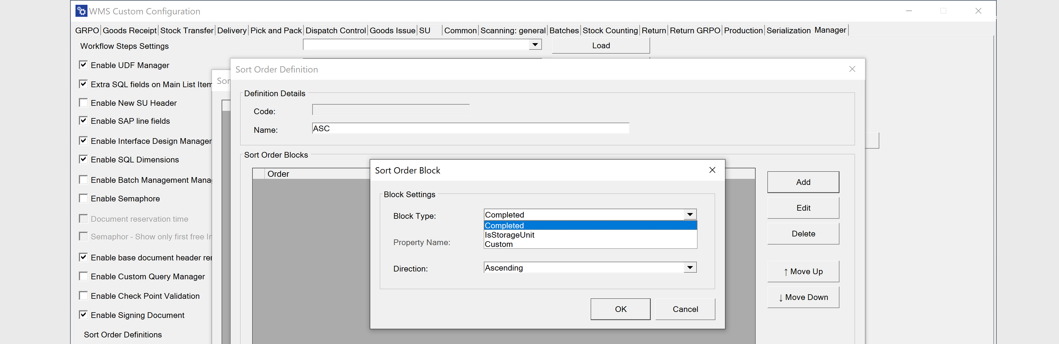 Sort order definitions - enter code and name in the form