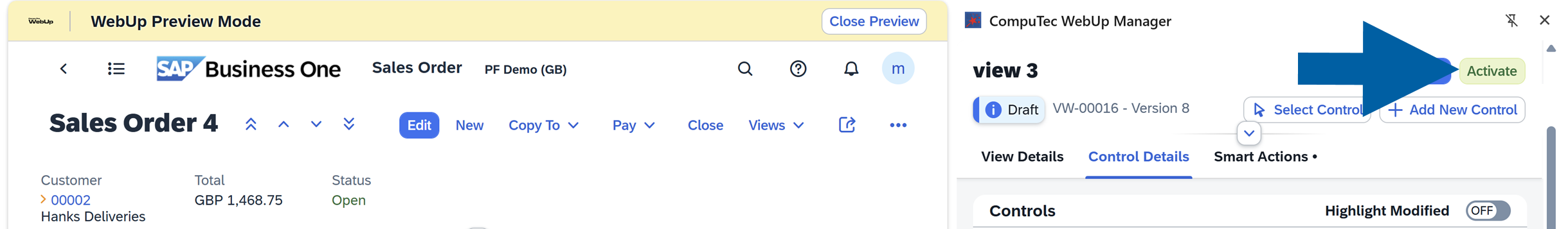 a screen showing navigation to smart actions tab in computec webup manager
