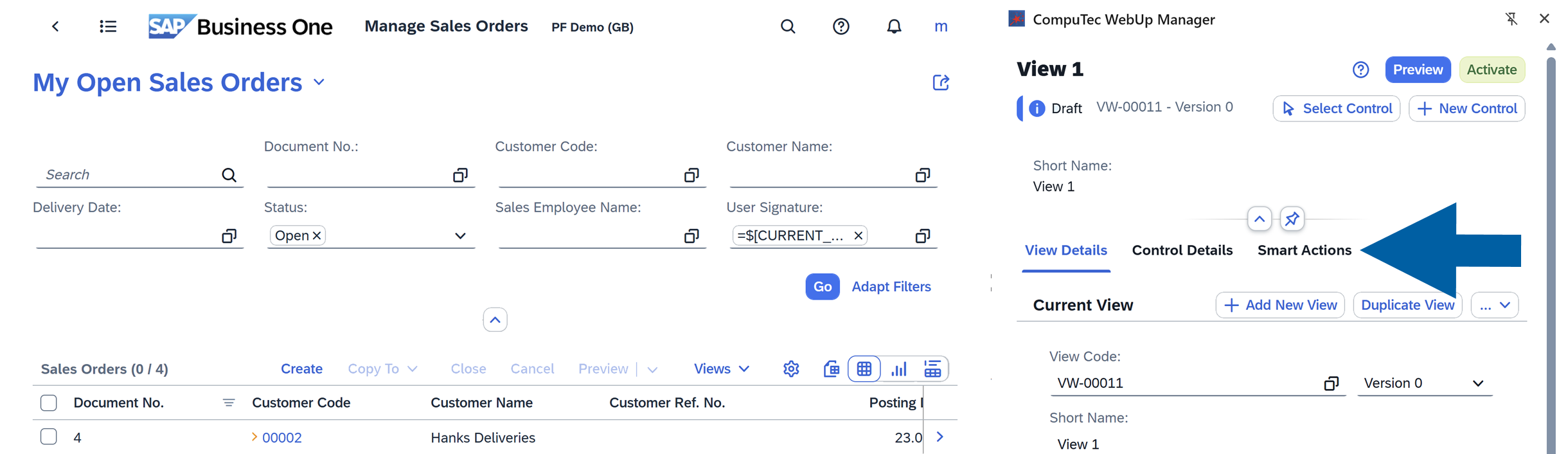 a screen showing navigation to smart actions tab in computec webup manager