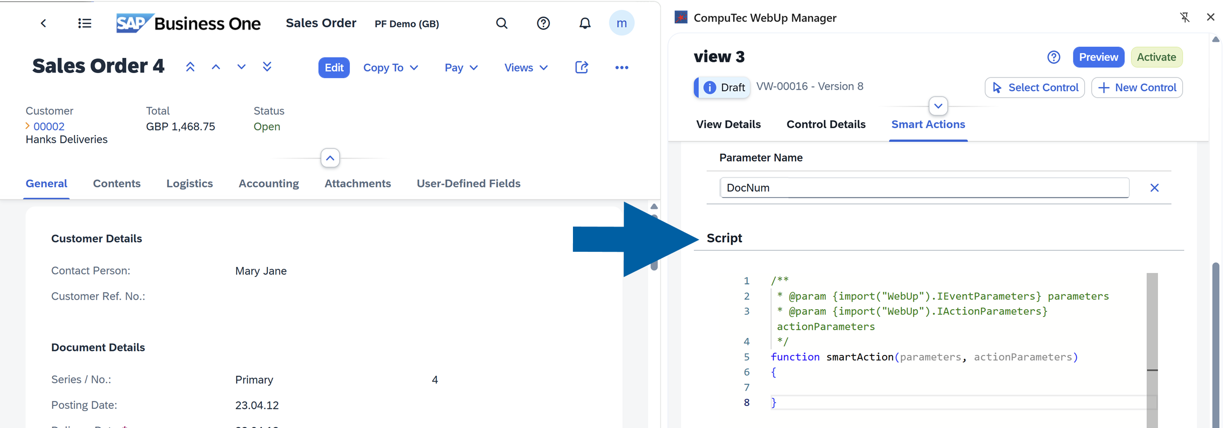 a screen showing navigation to smart actions tab in computec webup manager