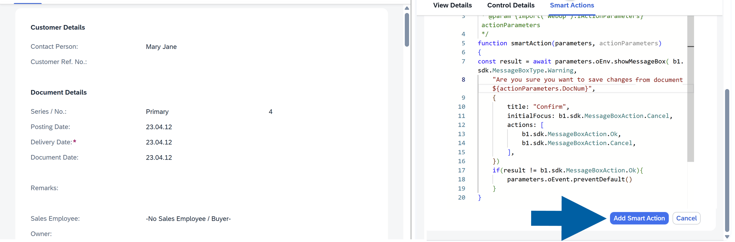 a screen showing navigation to smart actions tab in computec webup manager