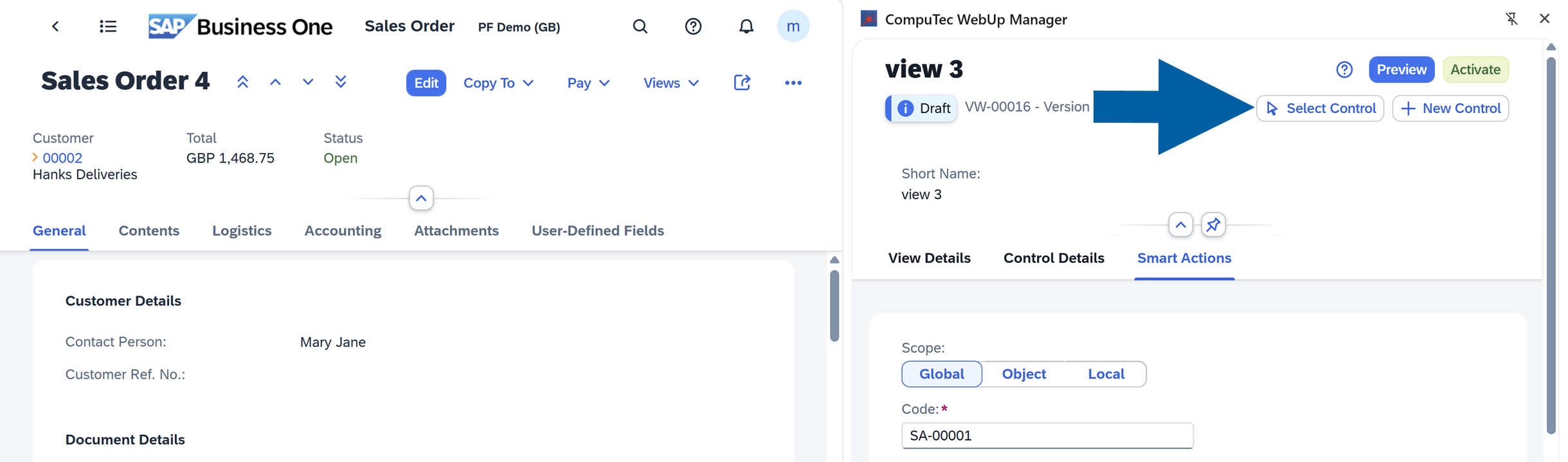 a screen showing navigation to smart actions tab in computec webup manager